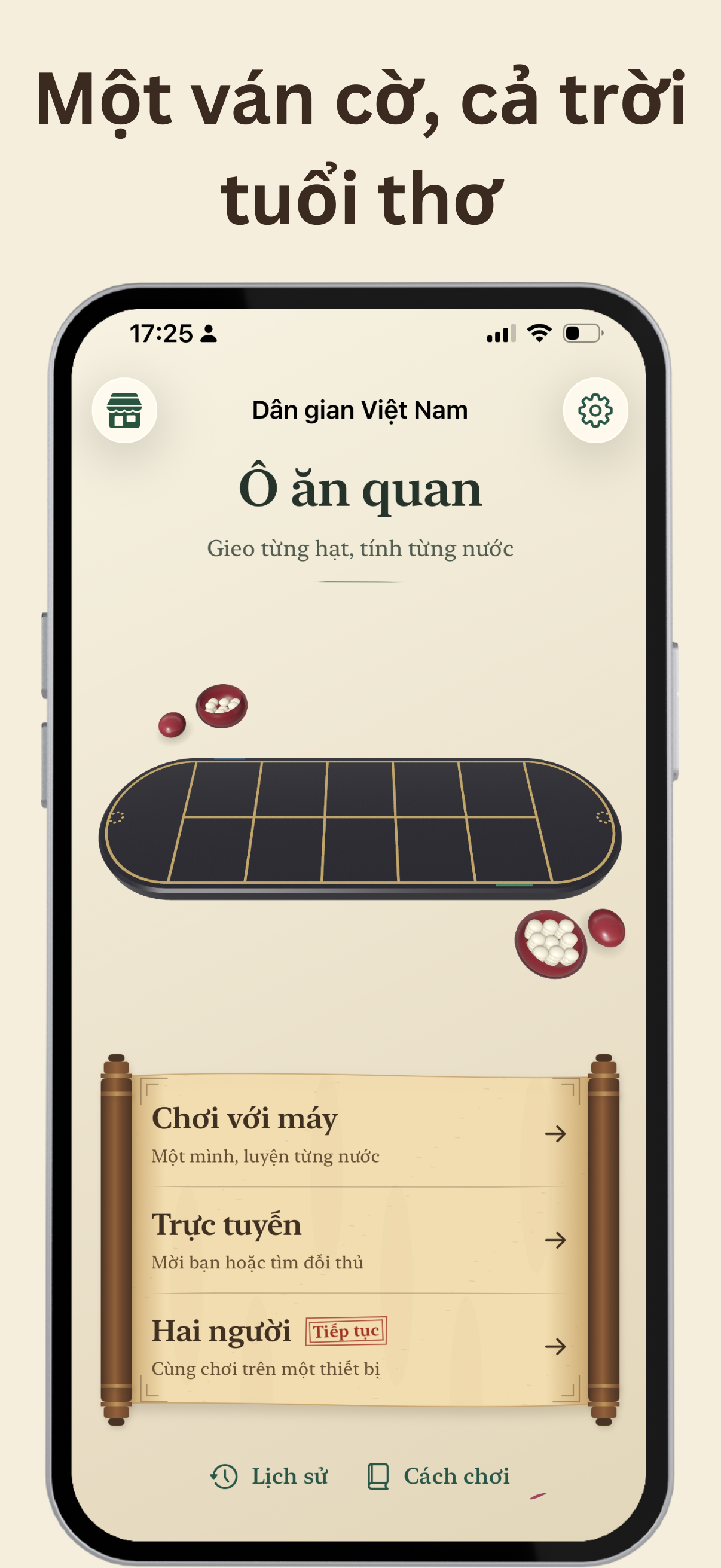 Trang chính Ô Ăn Quan với các chế độ chơi và mục Cách chơi