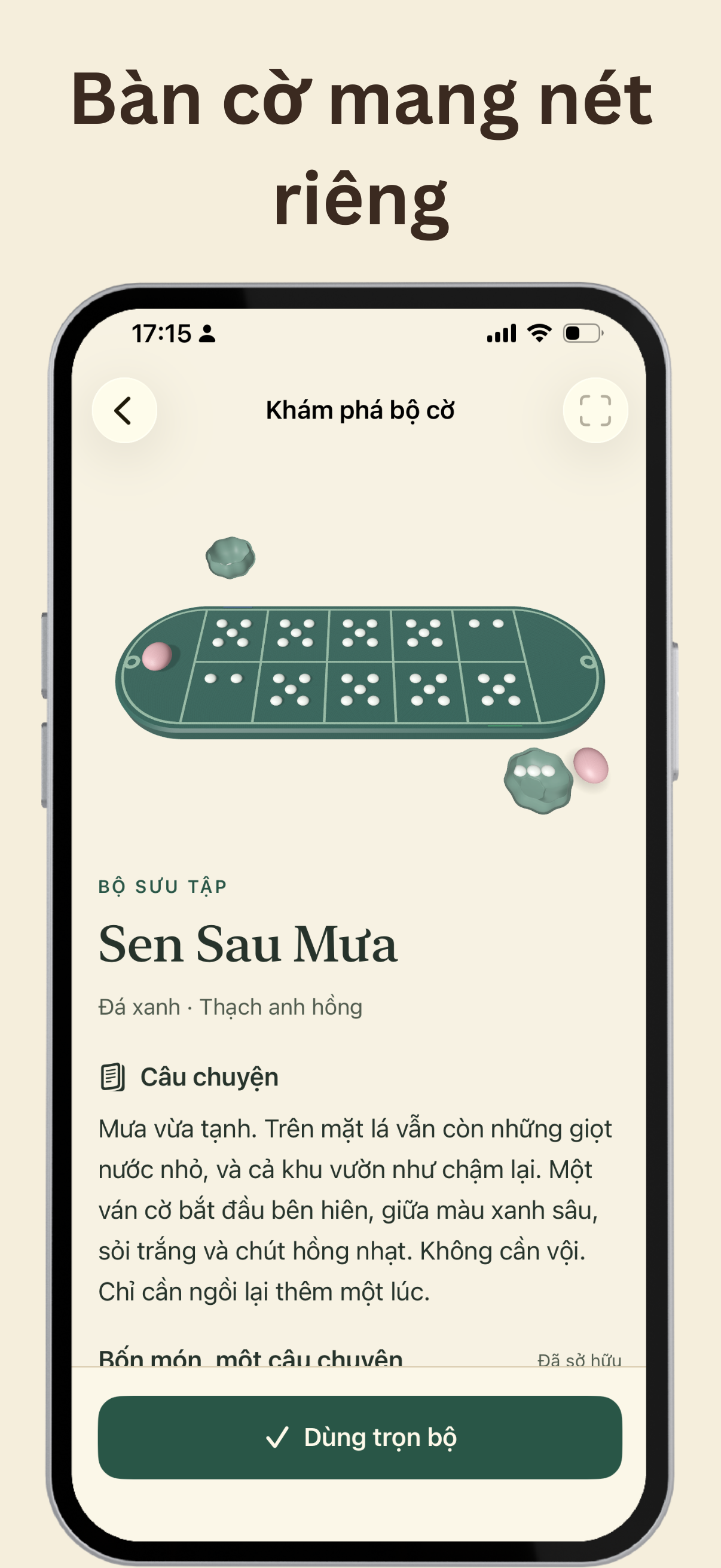 Bộ cờ Sen Sau Mưa với đá xanh, thạch anh hồng và câu chuyện của bộ sưu tập